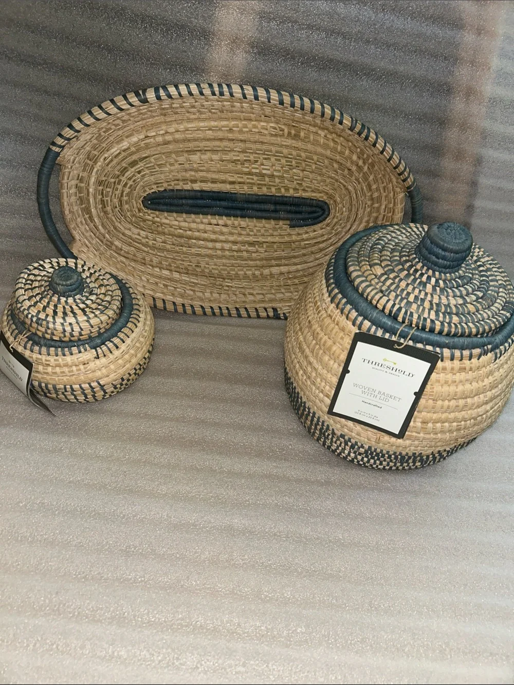 Threshold Bundle of 3 Handcrafted Woven Set. One Tray and Two Baskets with Lids